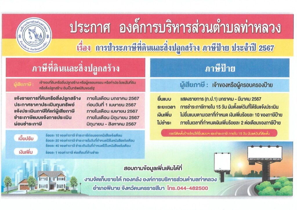 ประกาศ การชำระภาษีที่ดินและสิ่งปลูกสร้าง ภาษีป้าย ประจำปี 2567
