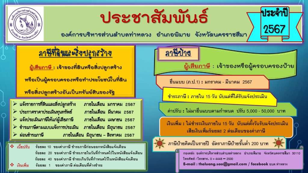 ประกาศองค์การบริหารส่วนตำบลท่าหลวง เรื่อง การชำระภาษีที่ดินและสิ่งปลูกสร้าง และภาษีป้าย ประจำปี พ.ศ. 2567